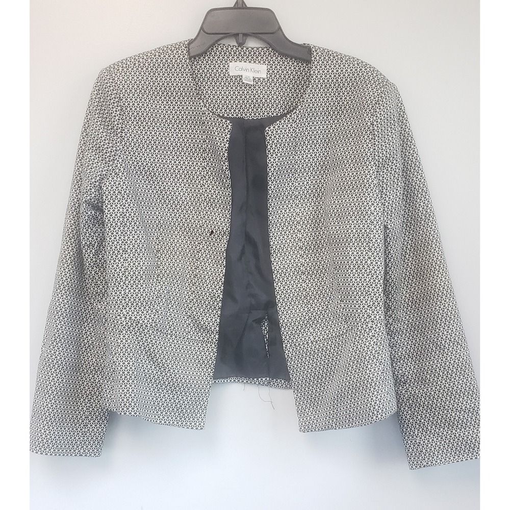 Calvin Klein Black White Pattern Open Front Blazer Womens Large